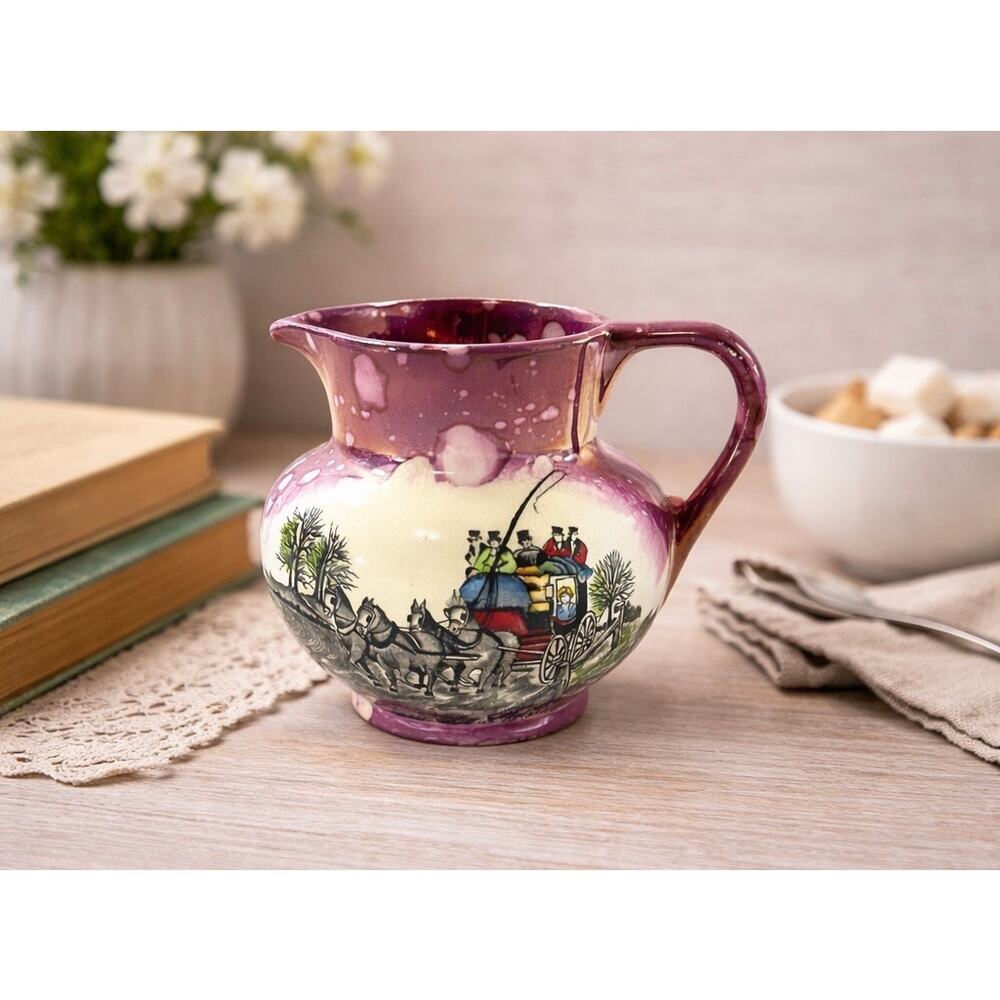Sandland Old Castle Stage Coach Creamer Jug Purple Splash 1940s Grays